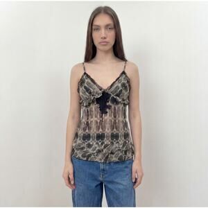 Vintage Pinko Cream & Black Snakeskin Print Silk Lace Cami Top (S/M)